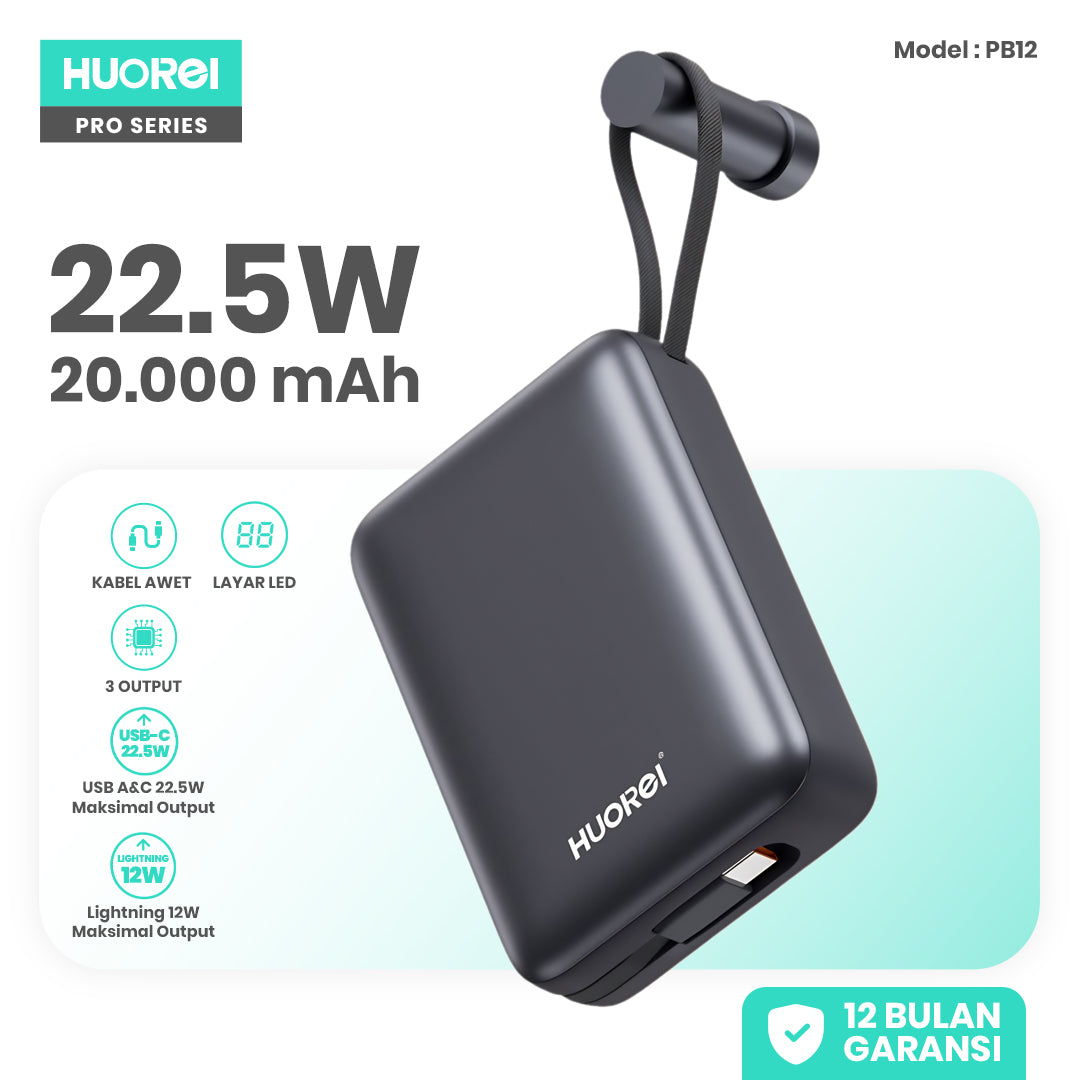 HUOREI PB12 Power Bank 20.000mAh 22.5W Fast Charging PD 3.0 | Kabel USB-C & Lightning Built-in | LED Display | CCC Certified