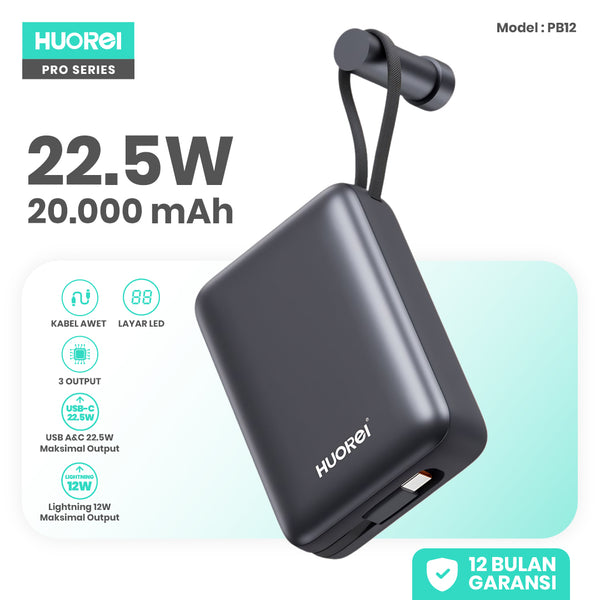 HUOREI PB12 Power Bank 20.000mAh 22.5W Fast Charging PD 3.0 | Kabel USB-C & Lightning Built-in | LED Display | CCC Certified
