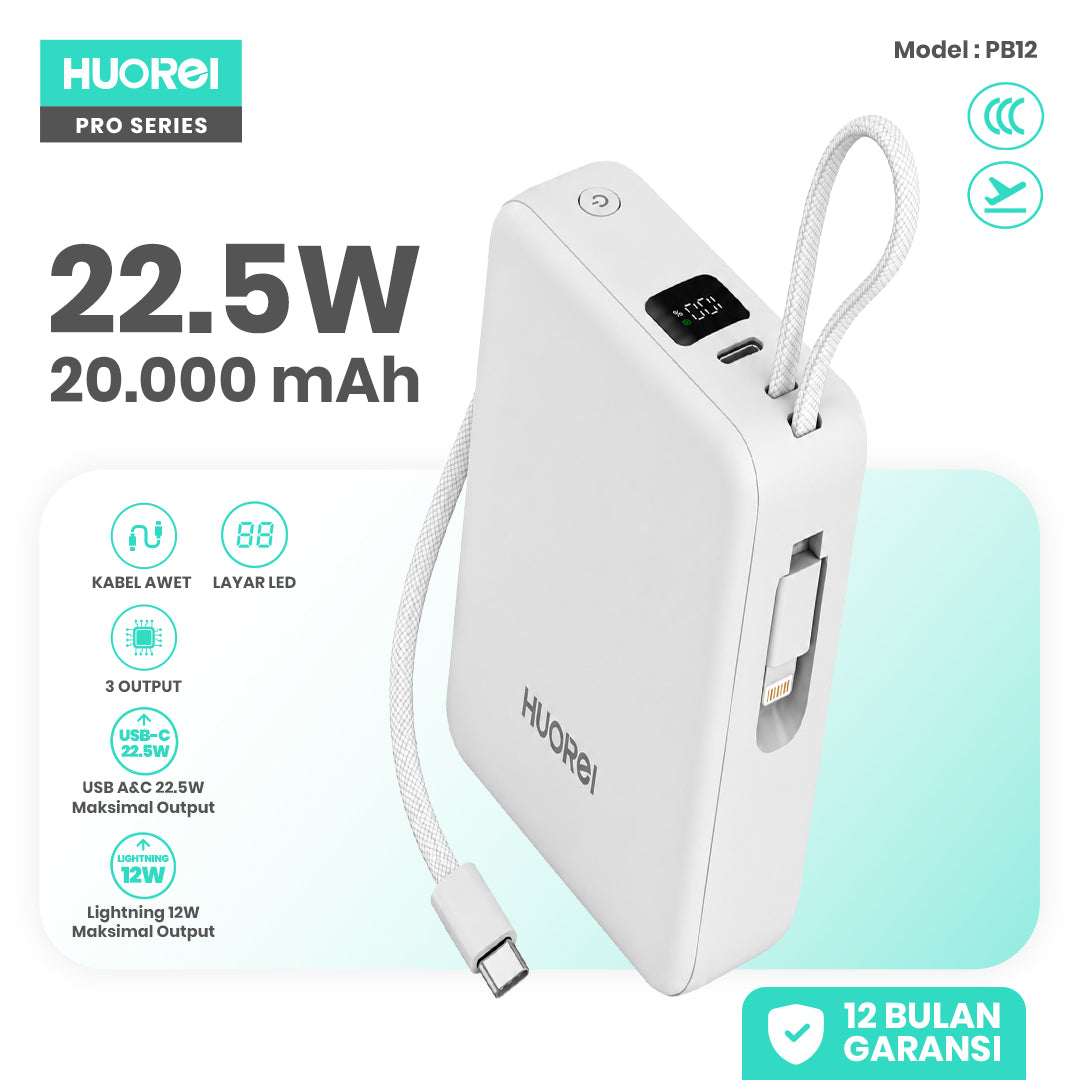 HUOREI PB12 Power Bank 20.000mAh 22.5W Fast Charging PD 3.0 | Kabel USB-C & Lightning Built-in | LED Display | CCC Certified