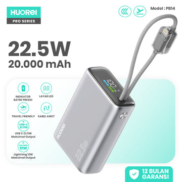 HUOREI PB14 Power Bank 20.000mAh 22.5W Fast Charging PD 3.0 | Kabel USB-C & Lightning Built-in | LED Display | CCC Certified